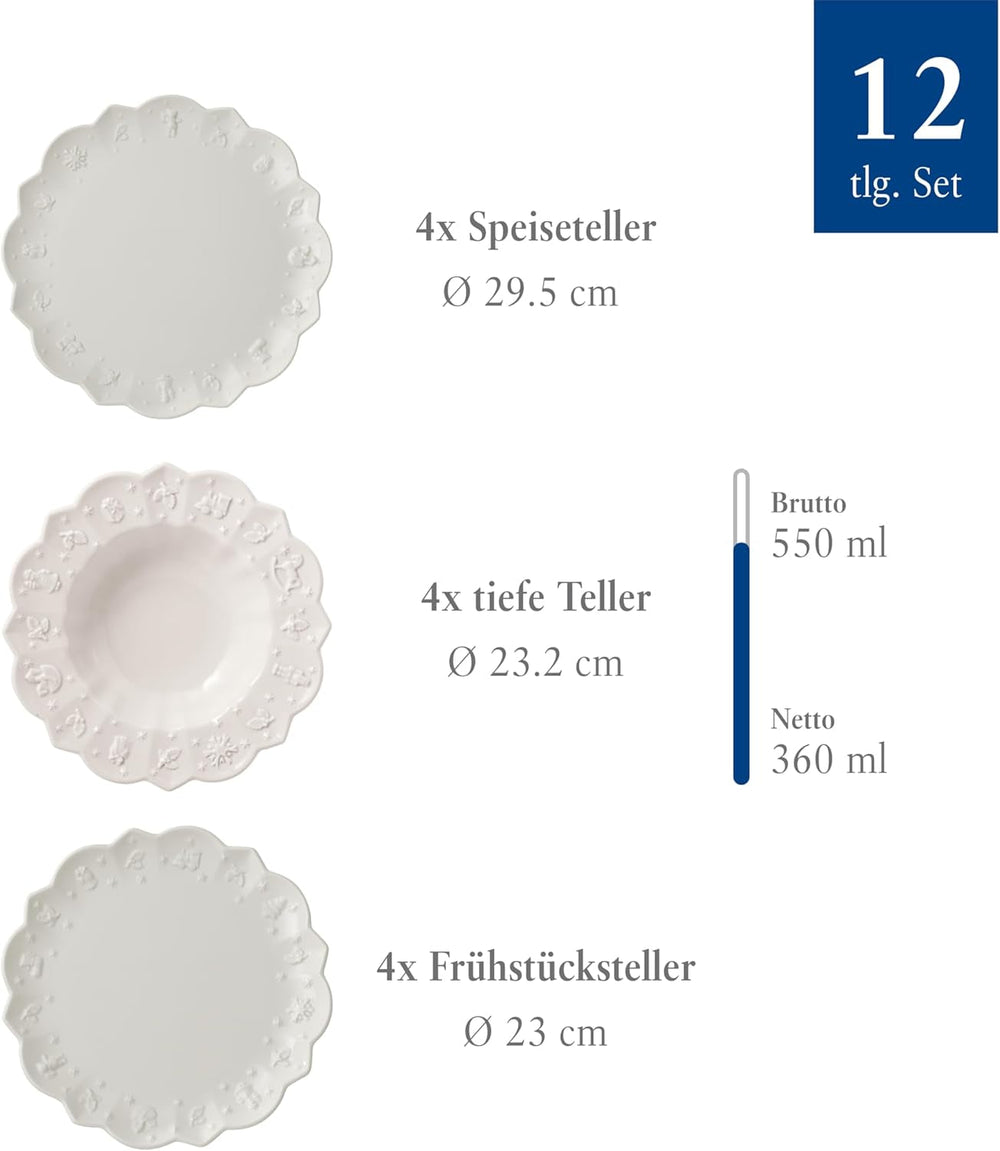 Villeroy & Boch – Set de veselă Toy's Delight Royal Classic cu 12 piese, alb, potrivit pentru mașina de spălat vase și cuptorul cu microunde, farfurii, set de veselă pentru 4 persoane, veselă de Crăciun, jucării, porțelan premium