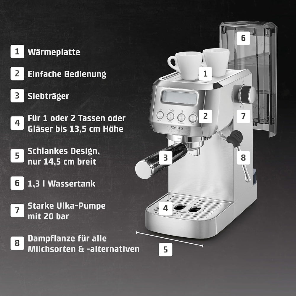 CASO EspressoGourmet Crema - Espressor portafiltru cu spumator de lapte, espresso, cappuccino, portafiltru din oțel inoxidabil, pompă ULKA 20 bar, aparat de cafea, cafea măcinată, capsule ESE