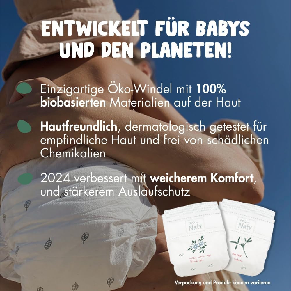 Scutece ecologice Eco by Naty Baby Eco Diapers - scutece organice premium, ecologice, fabricate din materiale pe bază de plante, ideale pentru pielea sensibilă a bebelușilor (mărimea 5 - 80 de bucăți)