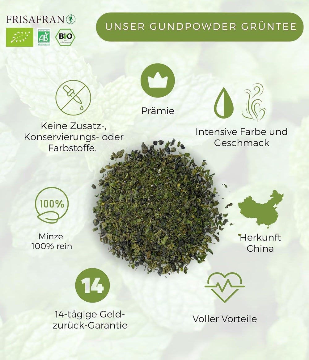 FRISAFRAN | Ceai verde Gunpowder cu mentă bio, vrac, 100 g | Antioxidant | Ceai verde japonez | Digestiv | Sănătos | Băutură răcoritoare | Infuzie de mentă | Ceai pur | Frunze de mentă | Cald-rece | Mentă