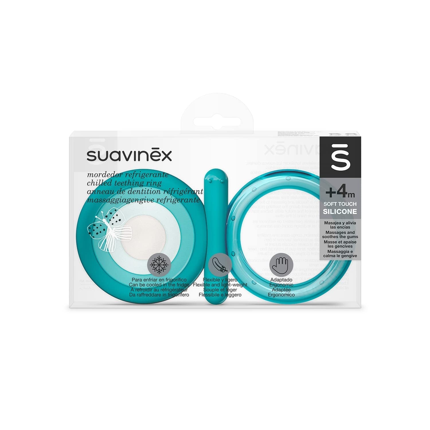 Suavinex, inel de dentiție din silicon, pentru bebeluși + 4 luni, inel de dentiție răcoritor, moale și ușor, fluture, albastru