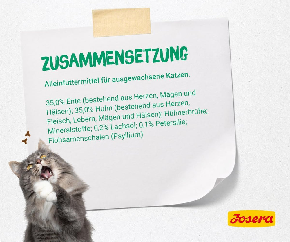 JOSERA Pateu de rață și pui cu pătrunjel (16 x 85 g) | Adult | Hrană umedă premium pentru pisici adulte | Pateu de rață și pui | Ulei de somon | Fără cereale | Hrană umedă pentru pisici în pliculețe proaspete | Pachet de 16