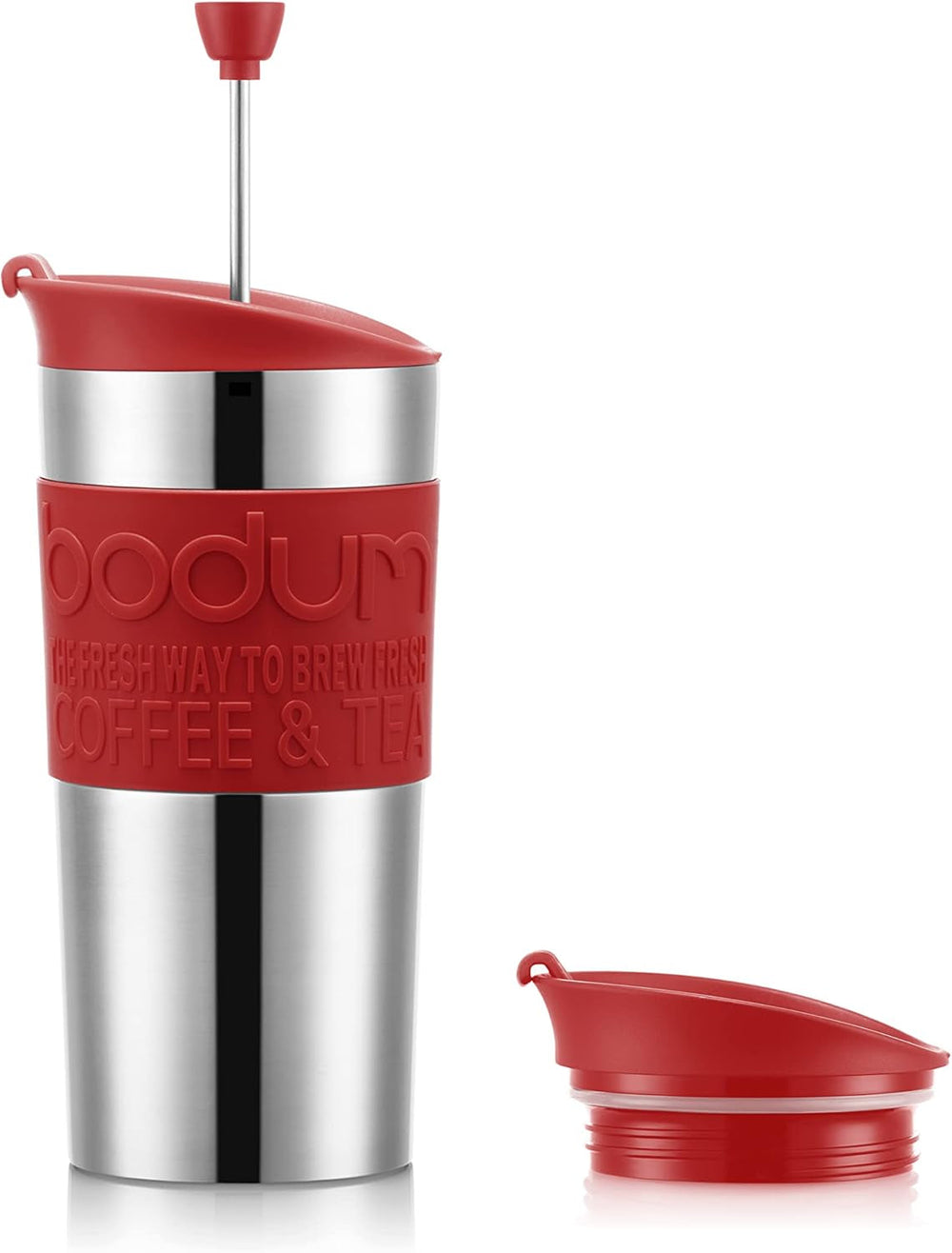 Cană termică Bodum K11067-04 TRAVEL PRESS SET, cu pereți dubli, oțel inoxidabil, capac suplimentar, 0,35 l, roșie