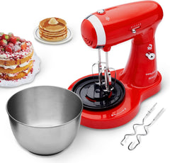 SS-14506 Küchenmaschine, Mixer Und Mixer 3-In-1 Mit Drehschüssel, Stäbchen Und Haken Zum Kneten Aus Edelstahl, 5 Geschwindigkeiten, 3,2 Liter (Rot) Mother and Child Naty Shop
