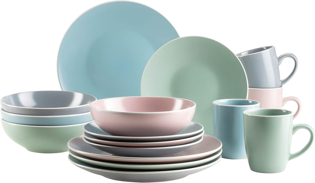 MÄSER 934006 Serie Elissa, Modernes Geschirr Set Für 4 Personen in Bunten Mattglasuren Mit Weißem Rand, 16-Teiliges Kombiservice, Steinzeug, Bunt Seturi vesela masa Naty Shop Default Title