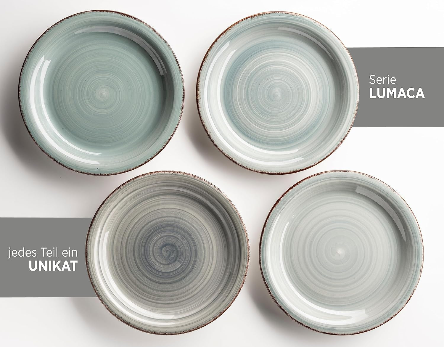 Set de veselă MÄSER pentru 6 persoane, aspect vintage modern, serviciu de masă cu 12 piese, pictat manual, albastru, gresie, albastru fumuriu (Bel Tempo II)
