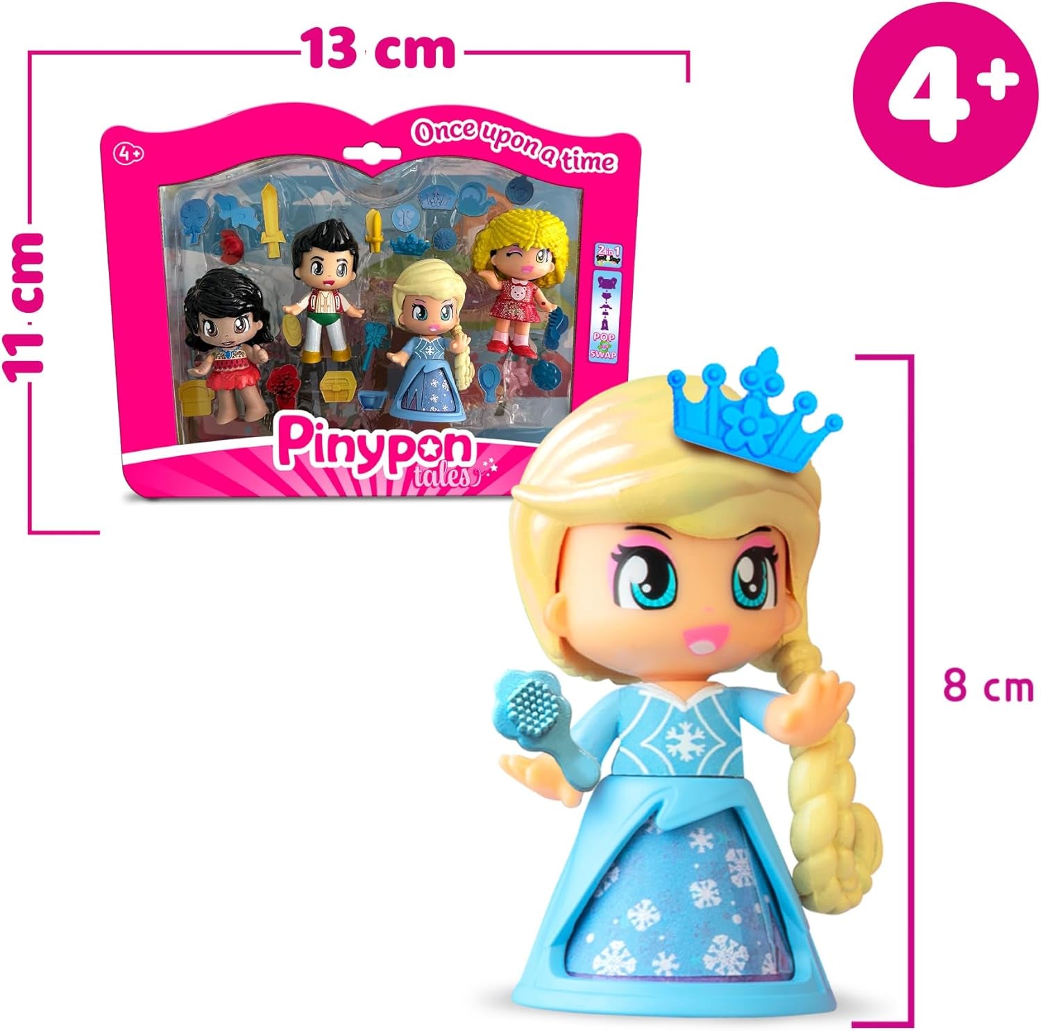 Pinypon – 4er-Pack Märchenfiguren, enthält Goldlöckchen, Eisprinzessin, Prinz der Wunderlampe und Meerprinzessin, über 20 thematische Accessoires, Famosa (PNY87000)