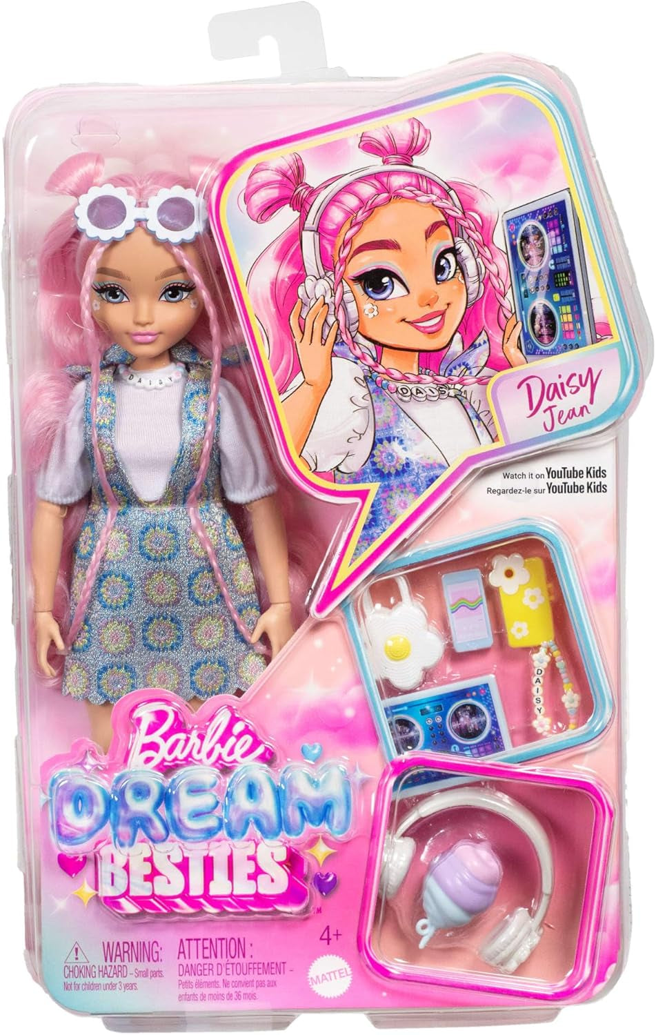 Barbie Dream Besties Puppe und Accessoires, bewegliche Daisy Jean-Modepuppe mit ausziehbaren Moden und welligem, pinkem Haar, 9 Teile zum Thema DJ und Musik, JDD74