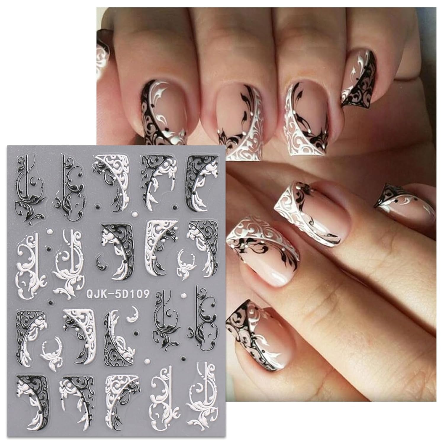JMEOWIO 3D Nagelsticker Schwarz Weiß Blume Nail Art Sticker Selbstklebend Nagelaufkleber 5D Stereoskopisch Blumen Dekoration Nageldesign Zubehör 4 Blatt