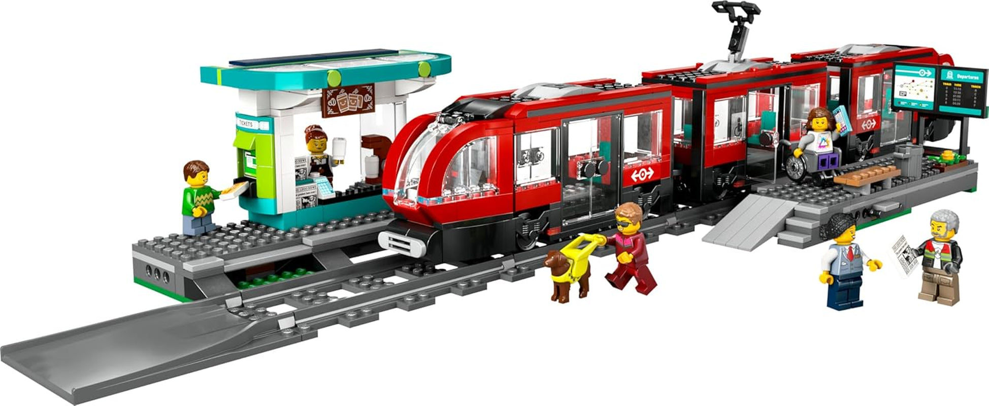 LEGO City Straßenbahn mit Haltestelle, Geschenkidee für Fans von Fahrzeug-Spielzeug ab 7 Jahren, mit 6 Minifiguren und einem Blindenhund für Rollenspiele, Bauspielzeug 60423