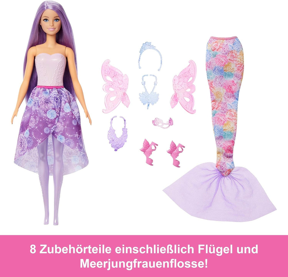 Barbie 3-in-1 Fantasie Puppe, Spielset mit 8 Accessoires inklusive Meerjungfrauen-Schwanzflosse, Feenflügen, königlichen Ketten, Schuhen un vielem mehr für über 10 Verschiedene Looks, JCP74