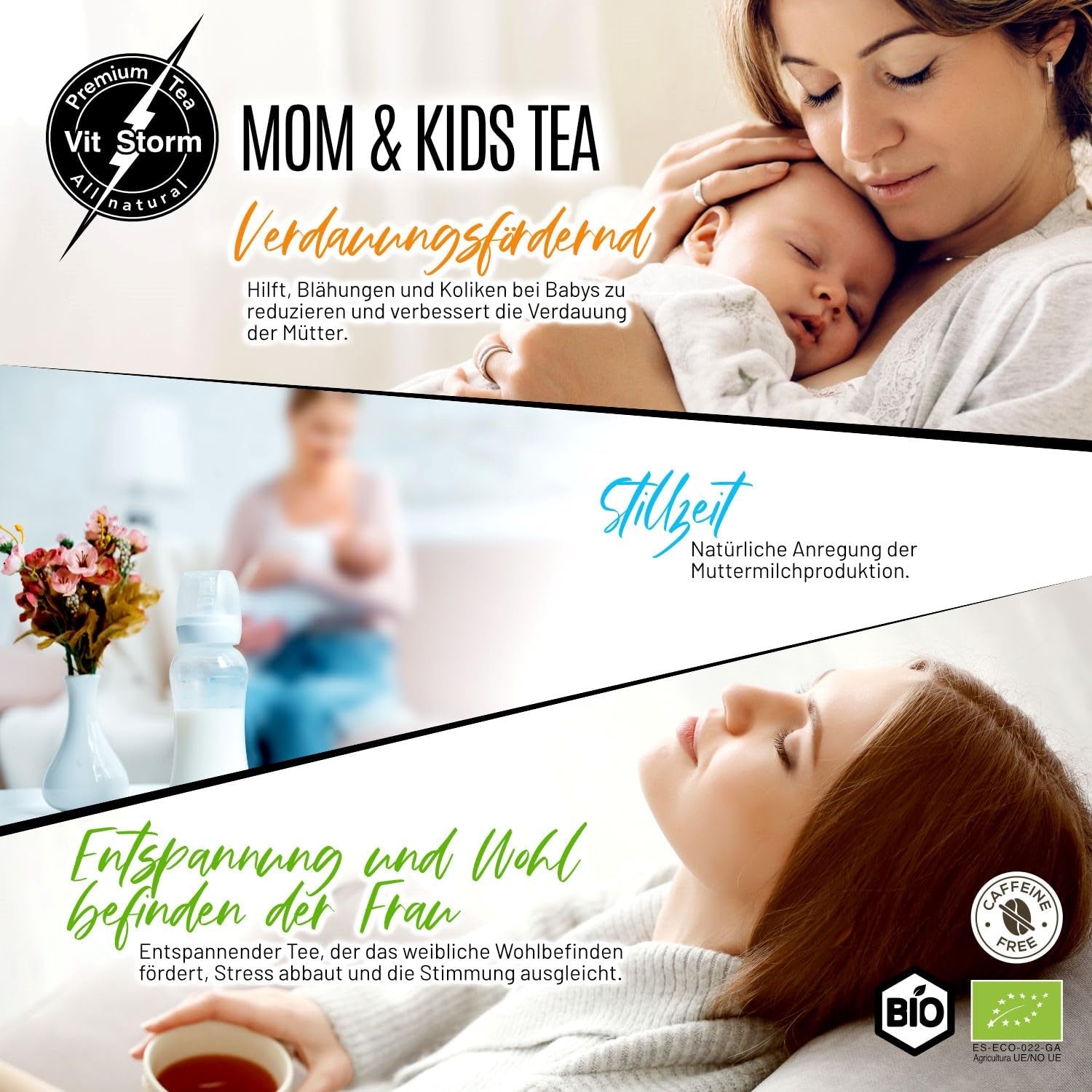 VITSTORM® BIO TEE Mom &amp; Kids – Ceai pentru femei și alăptare – Rooibos, mere, fenicul, melisă, alchemilla, căpșuni – Ceai relaxant - Fructat și delicios - Fără cofeină - Ceai din plante 100 g