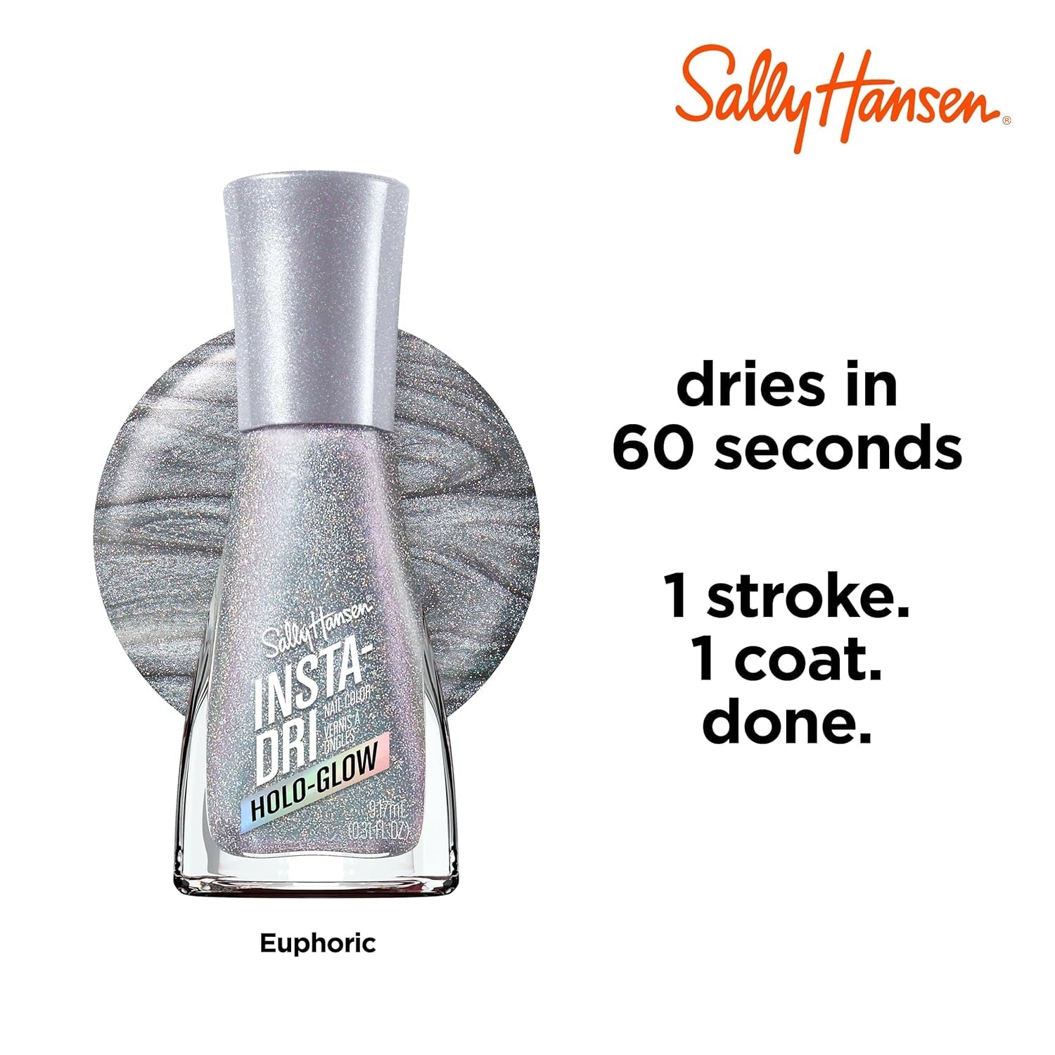Insta-Dri Holo-Glow, Oja Euphoric, ușor de utilizat, de lungă durată, culori frumoase, ușor de aplicat pe unghii, nu se ciobește, 19 ml