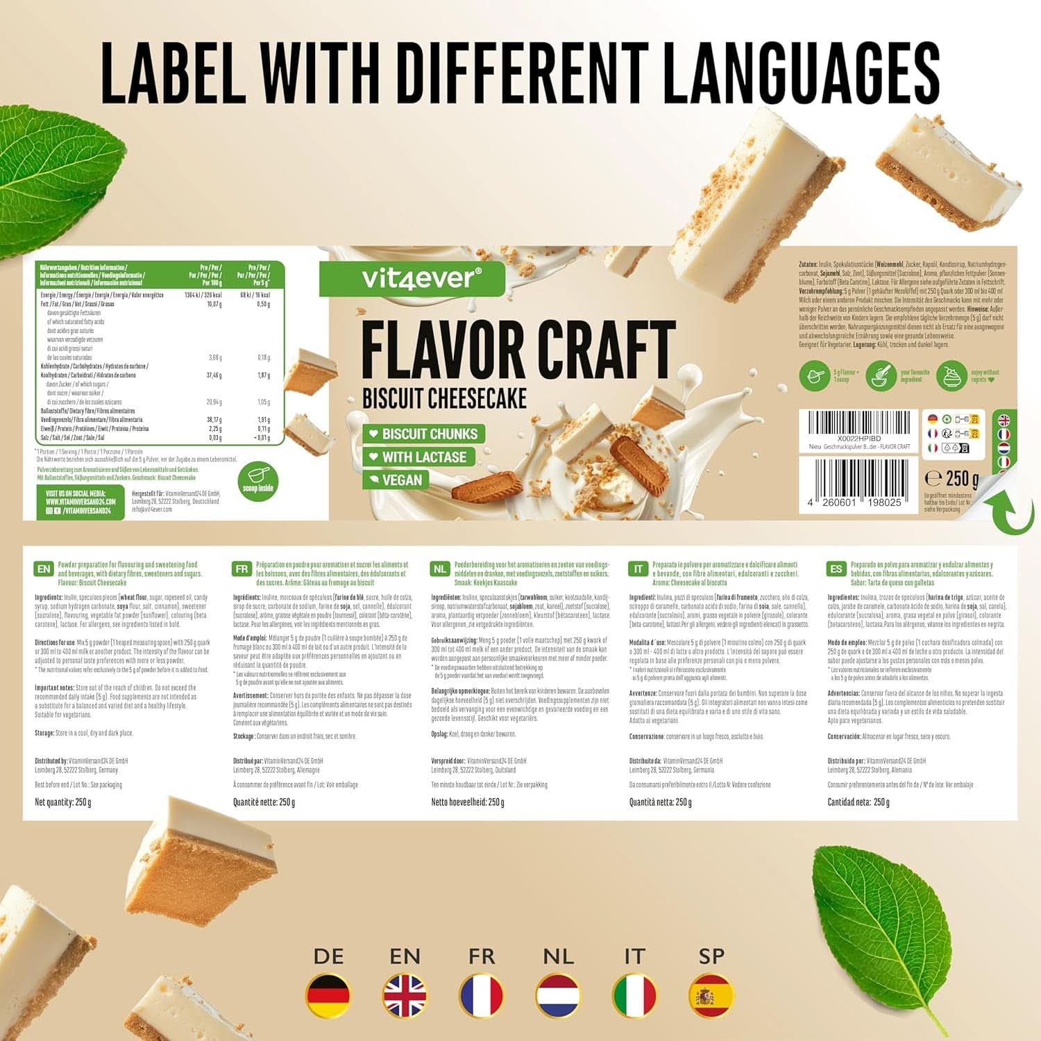 Keks-Chessecake-Geschmackspulver mit vielen Stücken – 250 Gramm Naty Shop Flavours