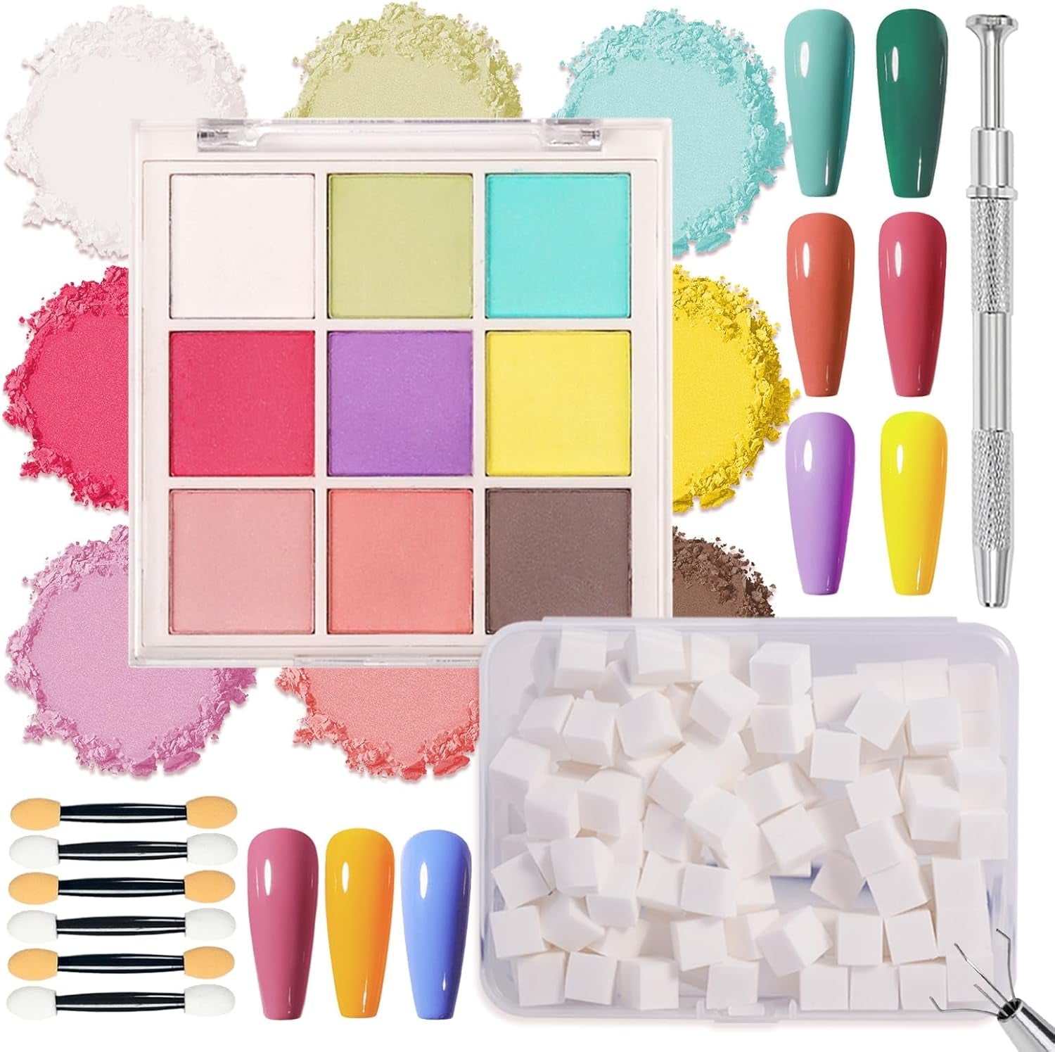 9 Farben Pigment Für Nägel, Nagelpulver Nail Powder 100 Stück Nail Art Schwamm Mit Metallgreifer, Ombre Glitzerpulver Nagelpuder Nailart Nagel Deko Für DIY Nageldesign, B