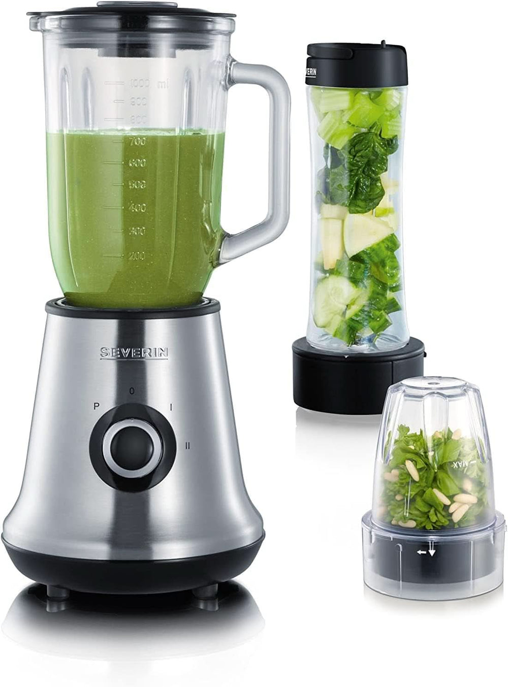 SEVERIN Multimixer, 2-In-1 Standmixer Und Smoothie Maker Mit 1 L Glas-Mixbehälter Und Trinkbecher, Küchenmixer Mit 2 Stufen Und Pulse-Funktion, 500 W, Edelstahl/Schwarz, SM 3737 Mutter und Kind Naty Shop Single Inkl. Go Flasche + Mühle mischen