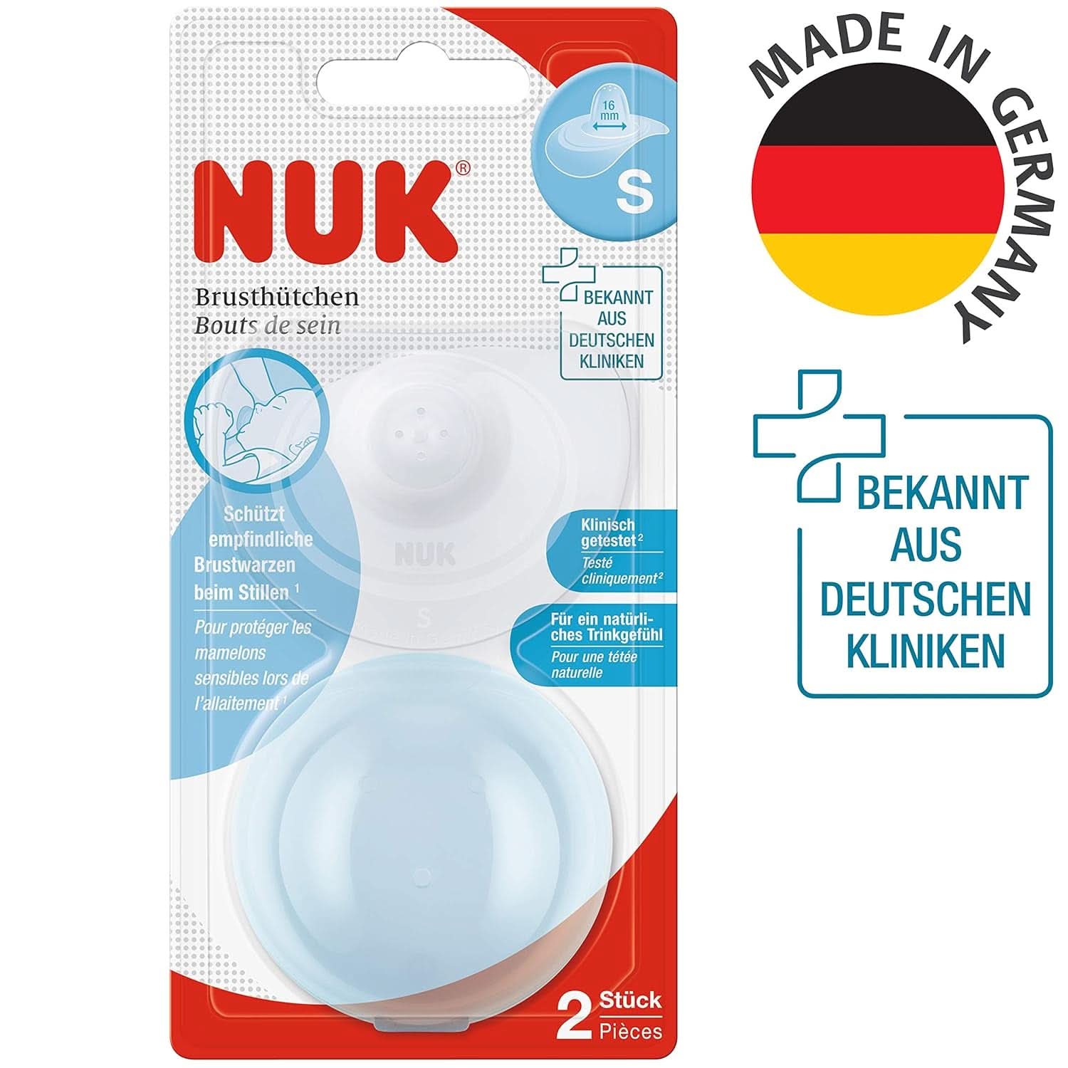 NUK Stillhütchen | Stillhütchen | Schützt vor wunden Brustwarzen | Dünnes Silikon | Größe S (16 mm) | 2 Stück Babynahrung und Stillzubehör Naty Shop