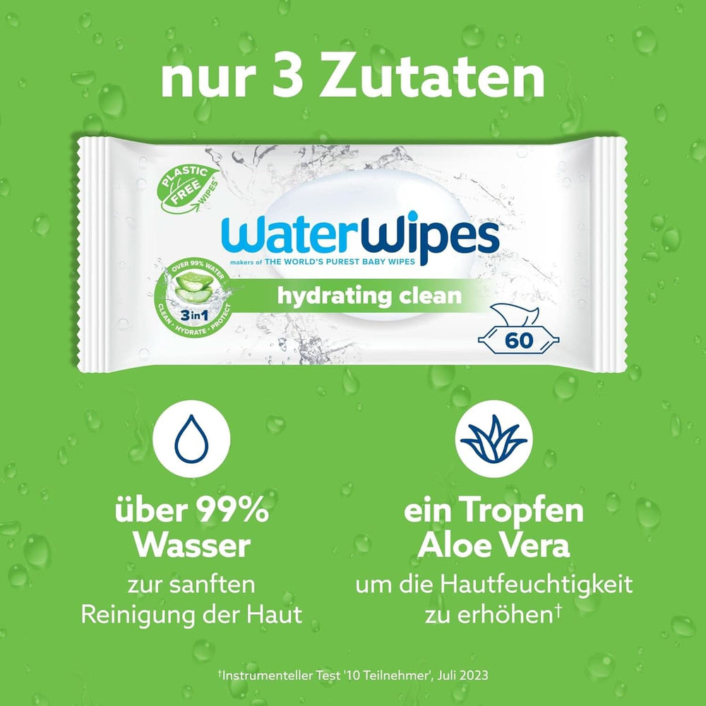 Waterwipes Feuchtigkeitsspendende und reinigende Babytücher mit 99 % Wasser und Aloe Vera-Extrakt, Feuchttücher für Gesicht und Körper, Naty Shop