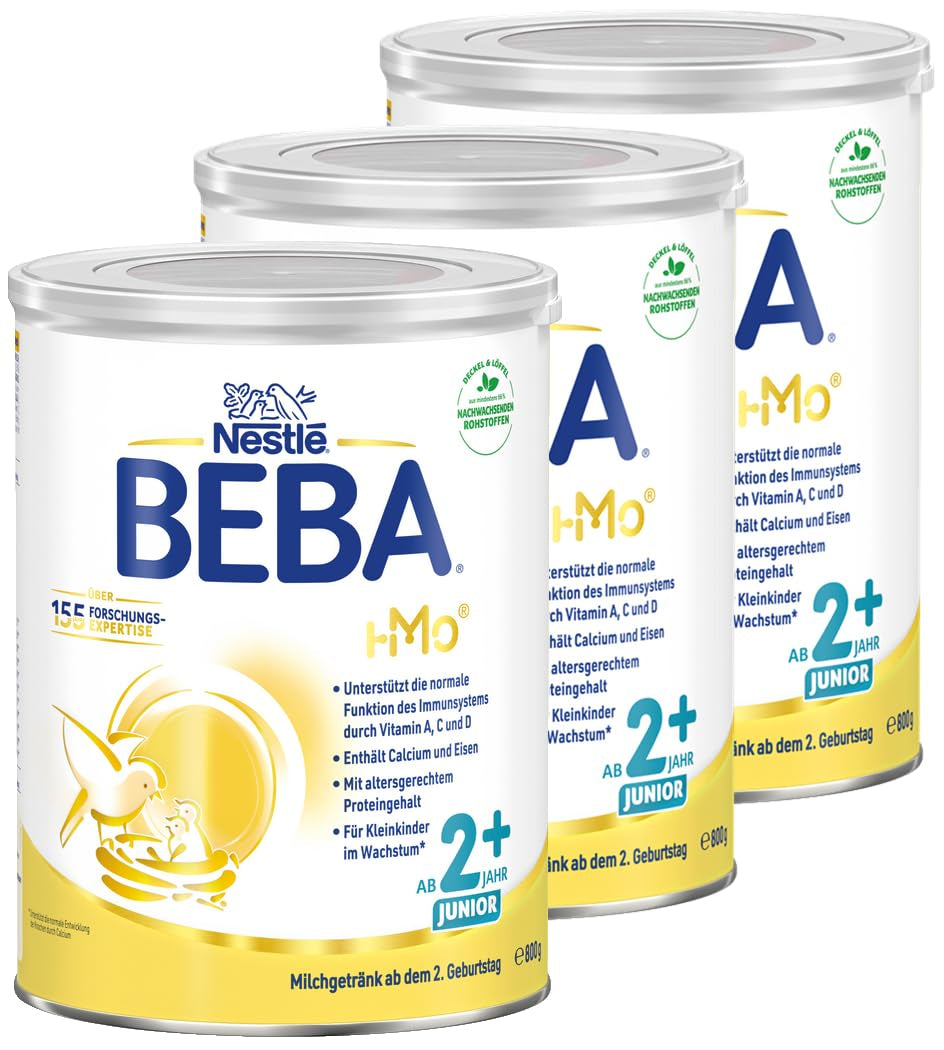 Băutură cu lapte BEBA Junior 2+ de la 2 ani, Cu HMO, Conținut de proteine adaptat vârstei, Numai lactoză, Fără ulei de palmier, Fără ulei de pește, Hrană pentru copii mici, Lapte praf pentru bebeluși, Pachet de 3 (3 x 800g)