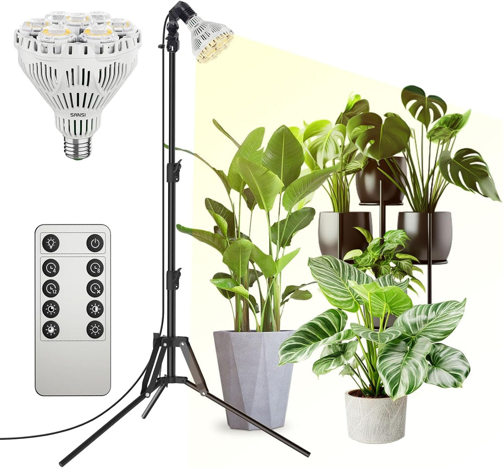 Lampă LED SANSI pentru plante cu spectru complet, 125W, cu lumină reglabilă, cu telecomandă pentru creșterea plantelor, înălțime reglabilă 120-180cm, temporizator 4/8/12 ore, 4 niveluri de luminozitate
