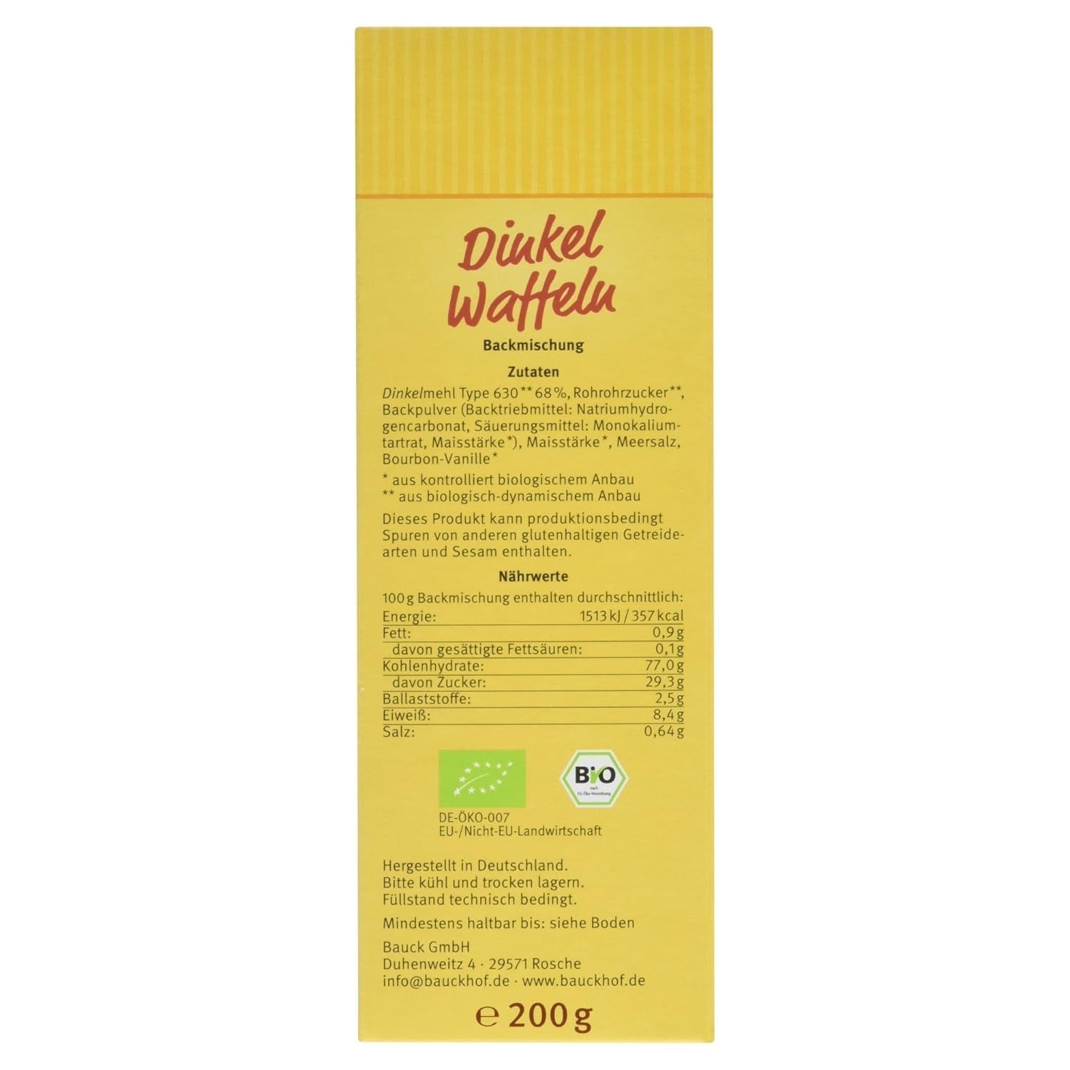 Demeter Bauck Hof Bio Dinkel Waffeln, 200 g Mischung zum Backen und Kochen Naty Shop
