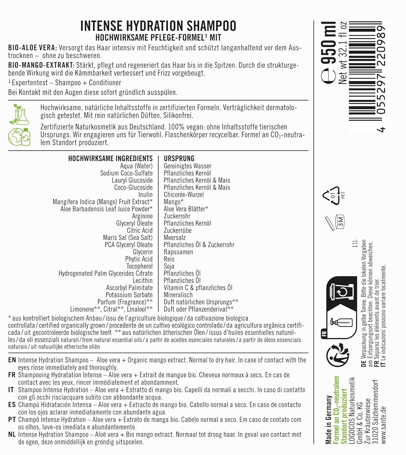 SANTE Natural Cosmetics Șampon de hidratare intensă Aloe Vera + extract de mango Duș și baie Naty Shop