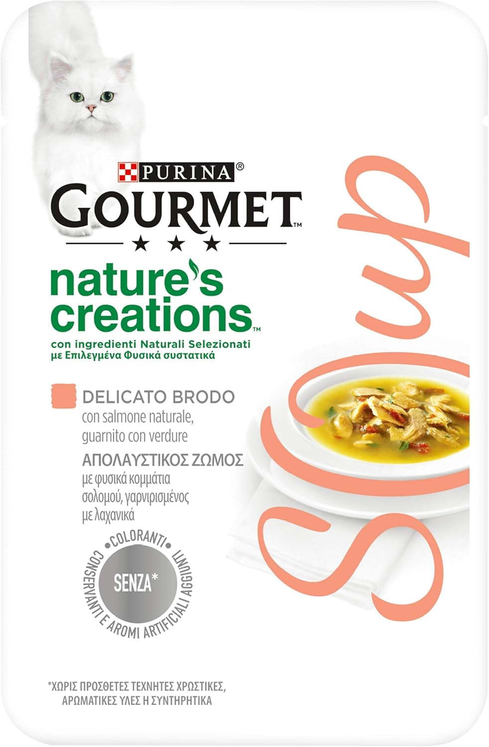 Crystal Delicate Suppenfond für die Katze, mit natürlichem Lachs, garniert mit Gemüse, 40 g, 32 Stück