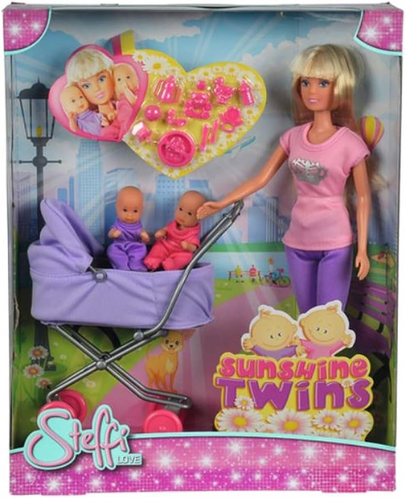 Simba Steffi Love Sunshine Twins – Păpușă cu gemeni și cărucior, inclusiv accesorii precum biberoane și jucării, variantă asortată cu 2 păpuși, set de păpuși pentru copii cu vârsta de 3 ani și peste