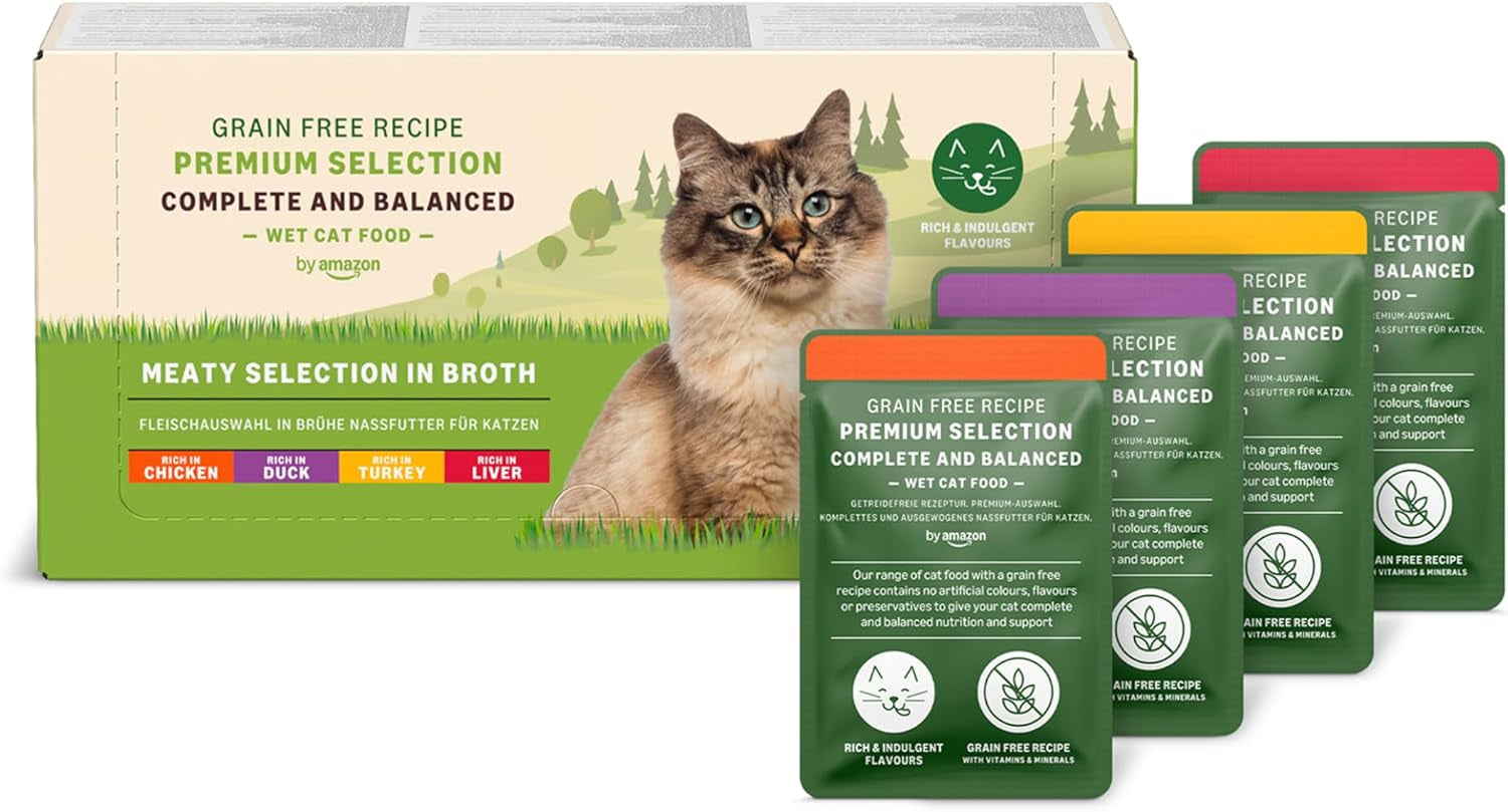 hrană umedă pentru pisici de la Amazon, fără cereale, pentru pisici adulte, selecție de carne în jeleu, 4,76 kg, 56 de pachete a câte 85 g (anterior Lifelong)