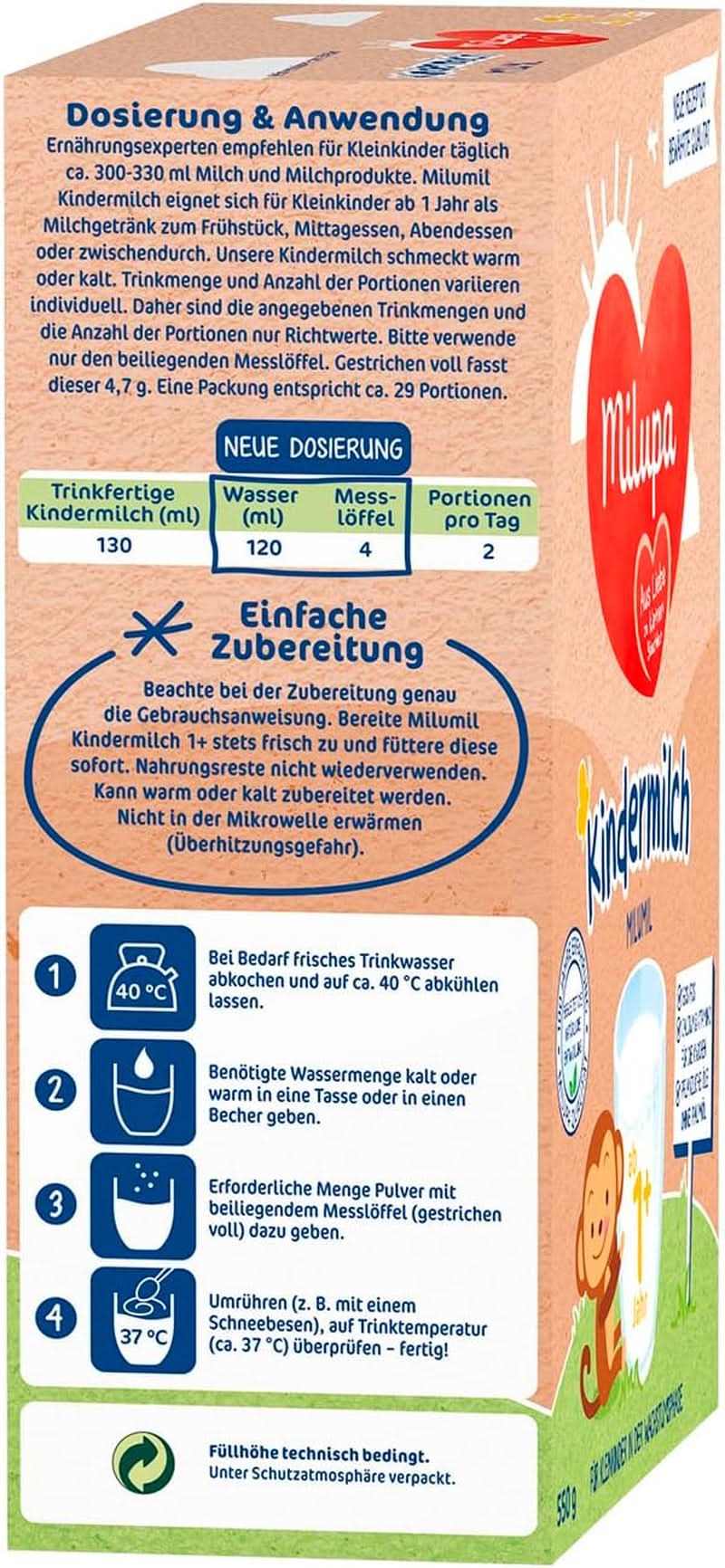 Milupa Milch für Kinder Milumil 1 plus – ab 1 Jahr – für Kleinkinder in der Wachstumsphase – begleitet die natürliche Entwicklung – 5 x 550 g Pulver Mutter und Kind Naty Shop