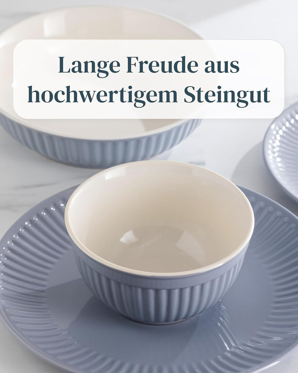 Set de veselă din gresie pentru 6 persoane, Hygge, 24 de piese. CÂȘTIGĂTOR AL TESTULUI, Set de veselă din gresie scandinavă Dreamy, set de boluri și farfurii, serviciu de cină pentru 6 persoane, seturi de veselă Pure Living în gri-albastru