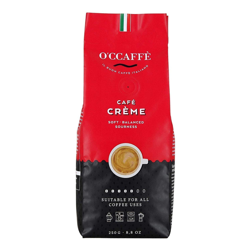 O'CCAFFÈ - Café Crème, ganze Kaffeebohnen, aromatische Kaffeecreme, geringer Säuregehalt, sehr langsame Trommelröstung vom italienischen Familienunternehmen Coffee Naty Shop 250 Gramm Schokolade