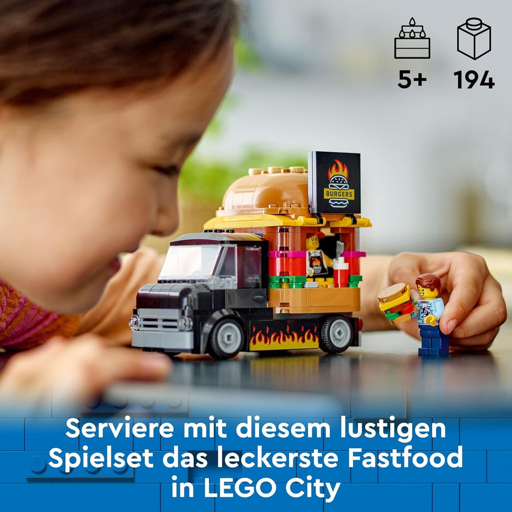 LEGO City Burger Van, Food Truck Toy for 5 Plus Year Old Boys & Girls, Vehicle Building Toys, Kitchen Playset with Vendor Minifigure and Accessories, Imaginative Play Gifts for Kids 60404
