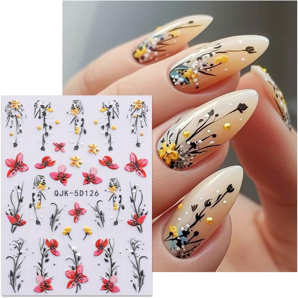 JMEOWIO 3D Nagelsticker Blumen Nail Art Sticker Selbstklebend Nagelaufkleber 5D Stereoskopisch Frühling Sommer Dekoration Nageldesign Zubehör 4 Blatt