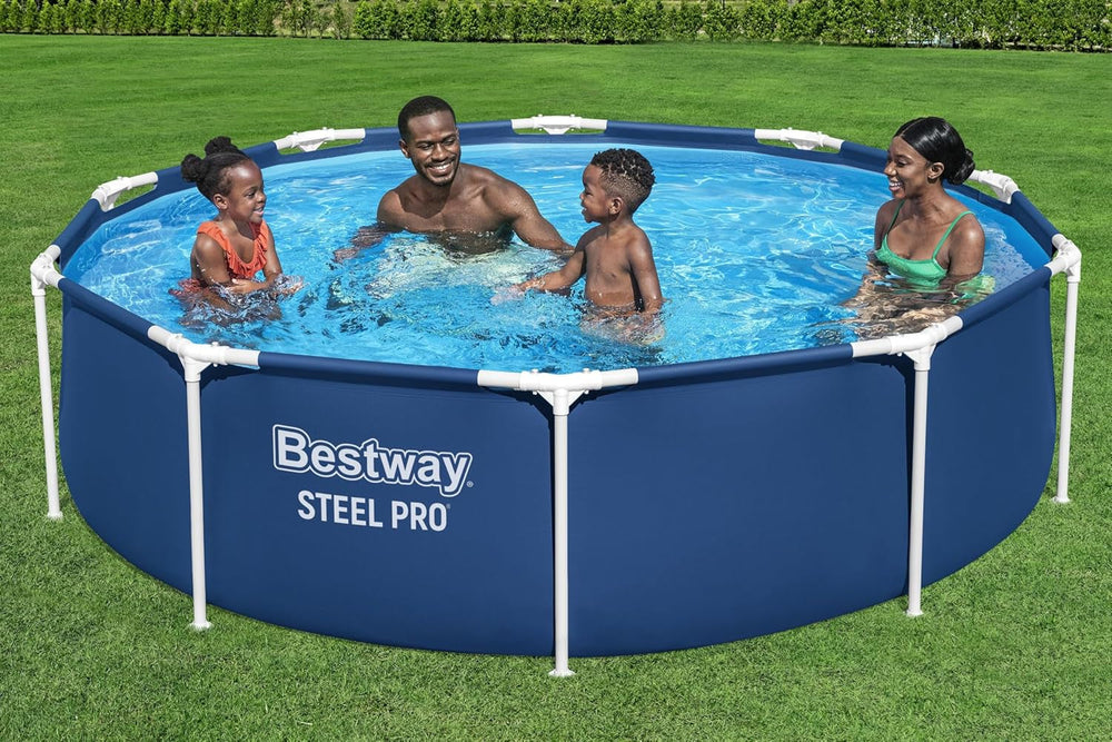 Set piscină Bestway Steel Pro Frame cu pompă de filtrare Ø 305 x 76 cm, albastru închis, rotundă