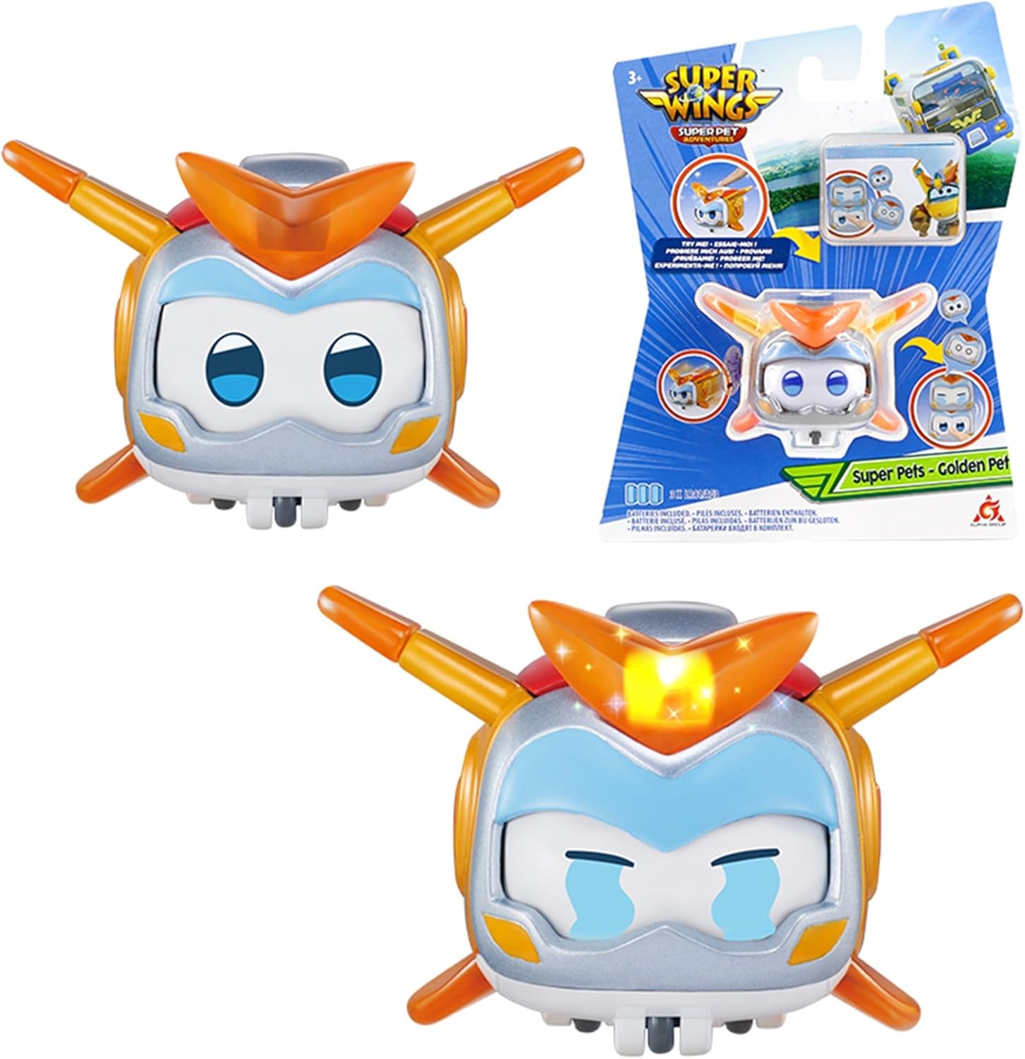 Super Wings Super Pets 4 Stück Shine, Golden Boy, Jerome, Ellie, umschaltbarer Gesichtsausdruck, Blitzeffekt, tragbares Spielzeug für 3, 4, 5, 6, 7, 8 Jahre alte Jungen und Mädchen, 5,1 cm große Actionfiguren, Naty Shop Golden Boy