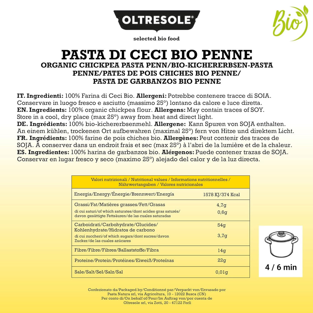 Paste italiene din năut organic, formă penne, paste proteice din făină de năut 100% organică, bogate în fibre, vegane, fără gluten, pachet de 3 pachete x 350g