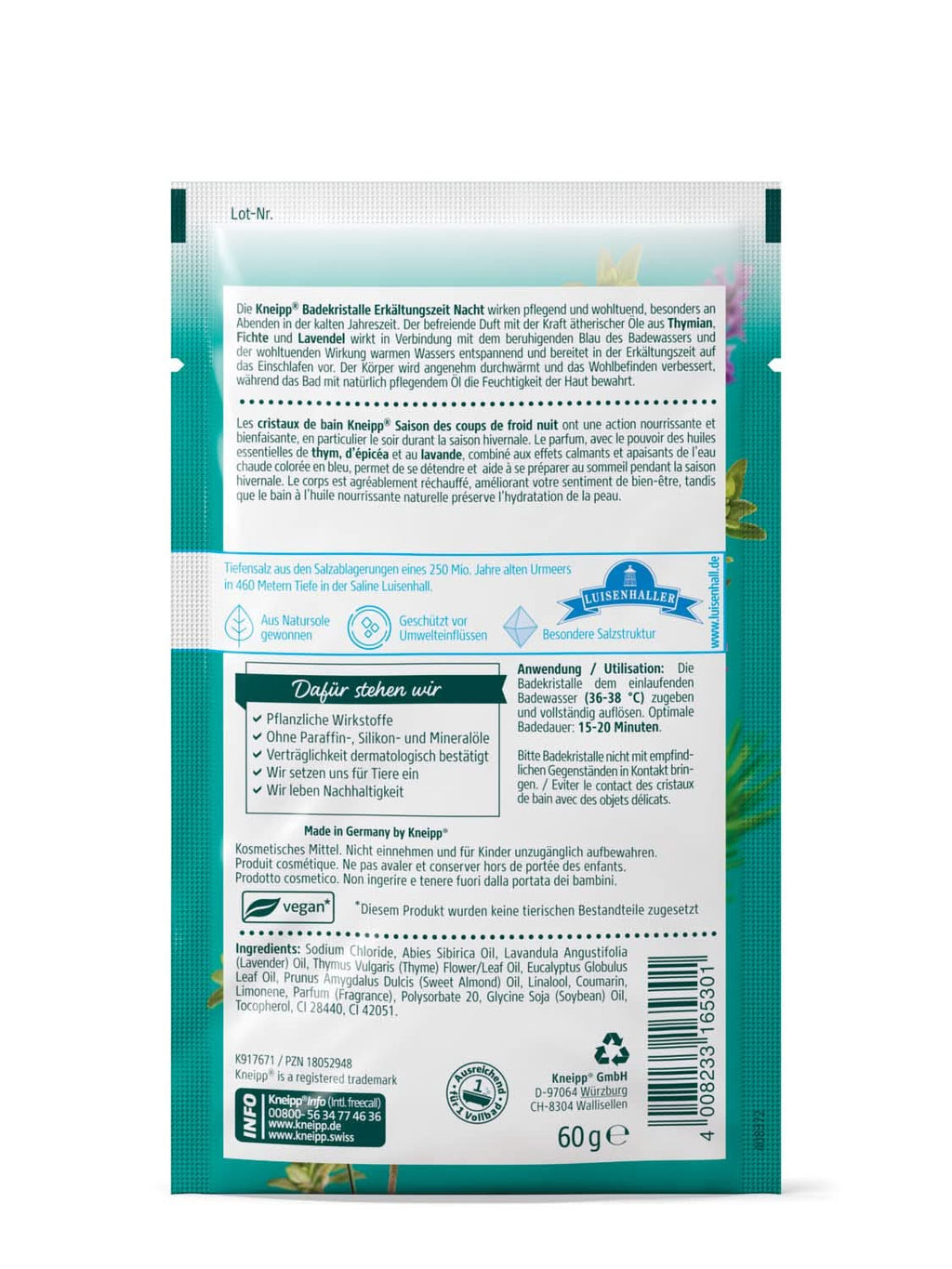 Kneipp, săruri de baie naturale din salina Luisenhall cu uleiuri esențiale de lavandă, cimbru și molid - relaxat pentru a adormi în sezoanele reci - 60 grame Duș și baie Naty Shop