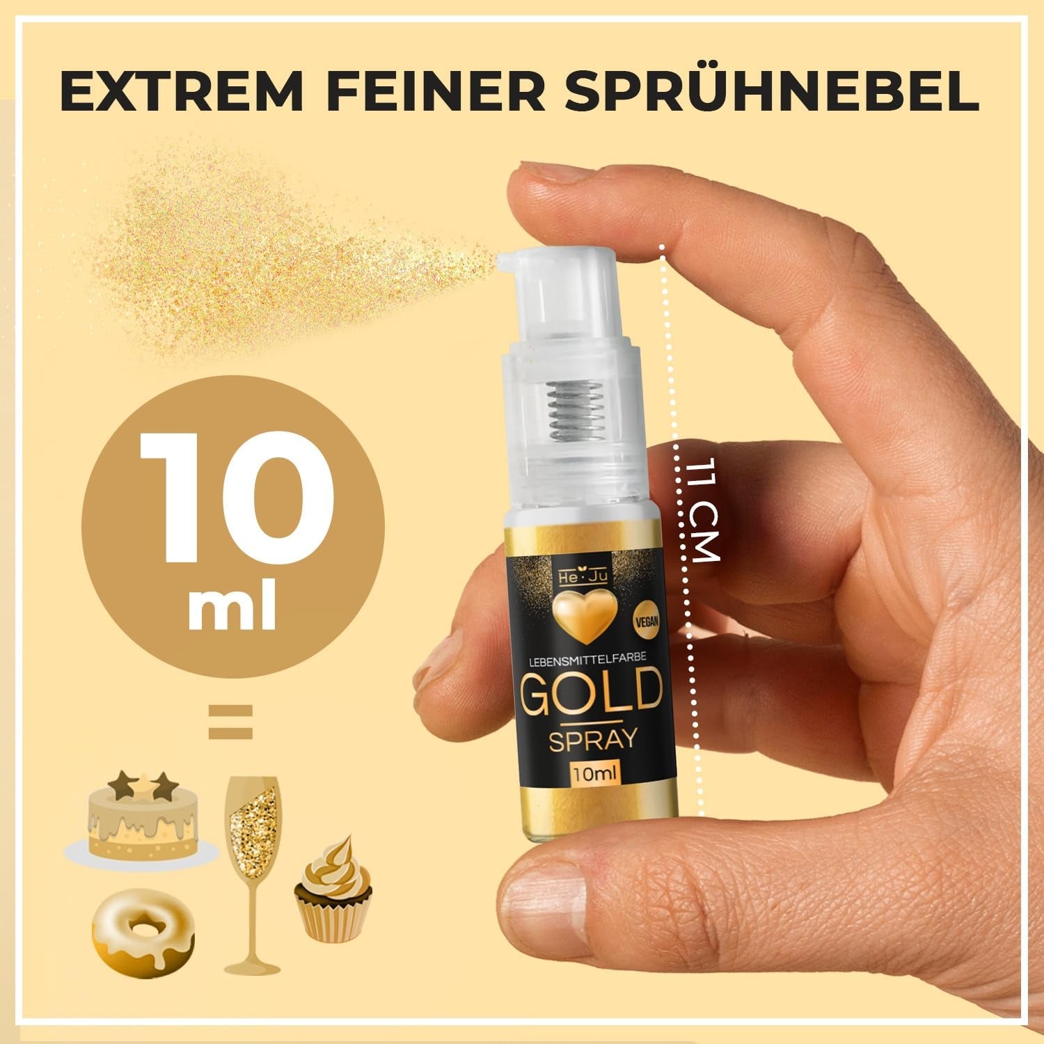 Spray colorant alimentar He-Ju, auriu, 10 g, pudră de aur comestibilă, vegană și fără E171, sclipici comestibil pentru băuturi