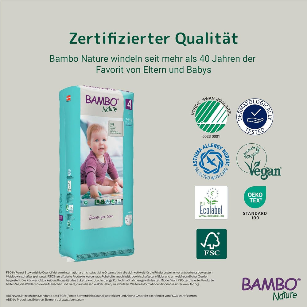 Scutece pentru bebeluși Bambo Nature, mărimea 4 (7-14 kg) - 48 bucăți. Scutece premium cu protecție îmbunătățită împotriva scurgerilor | Confort și libertate supreme pentru copiii activi | Scutece testate dermatologic
