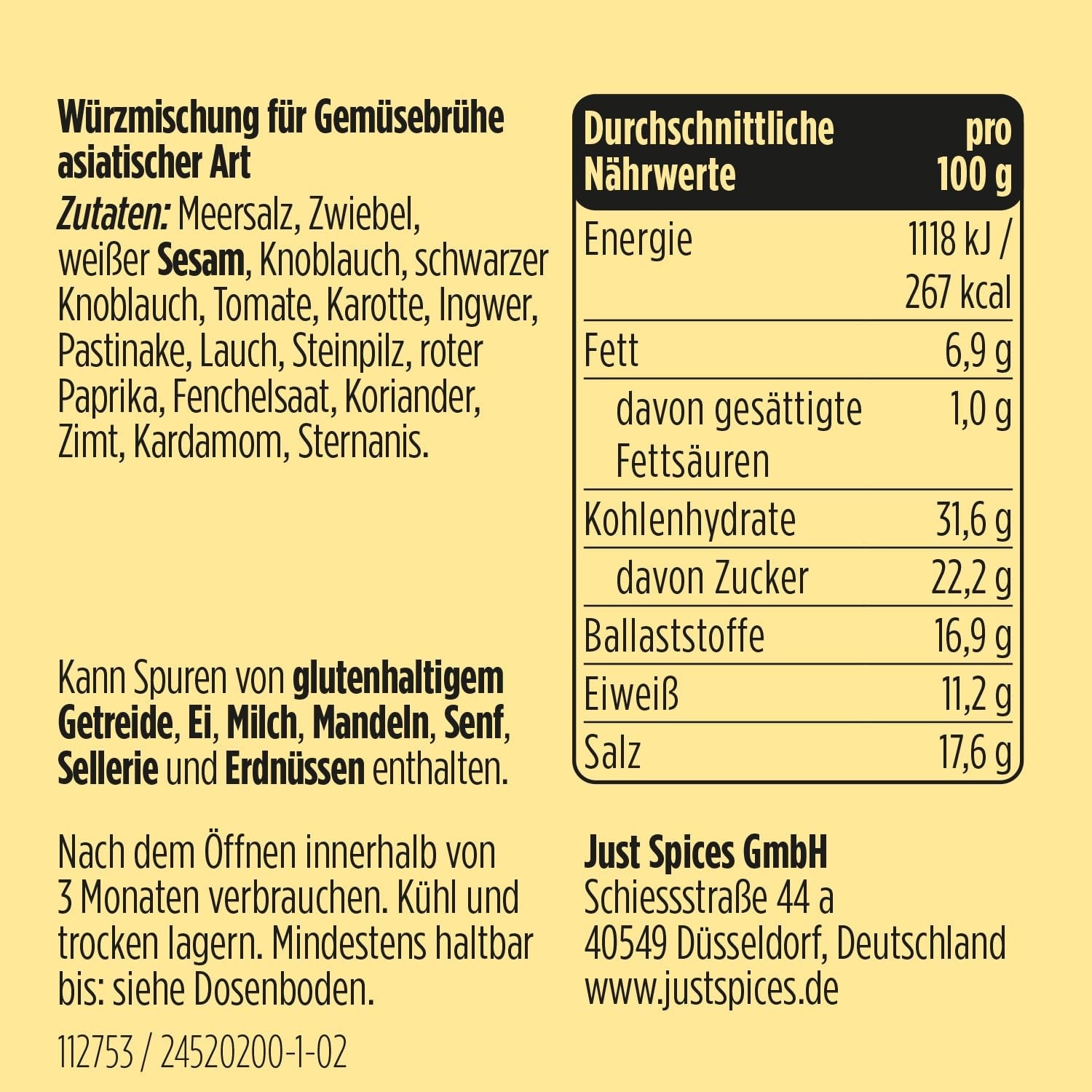 Just Spices Asia Gemüsebrühe I Würze asiatische Suppen zu Hause selbst I Gewürzdose, 65 g