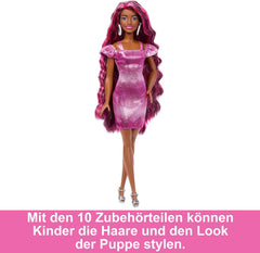 Păpușă Barbie, păr distractiv și elegant, cu păr negru extra lung și colorat și rochie roz strălucitoare, 10 accesorii de coafat și modă, JDC86
