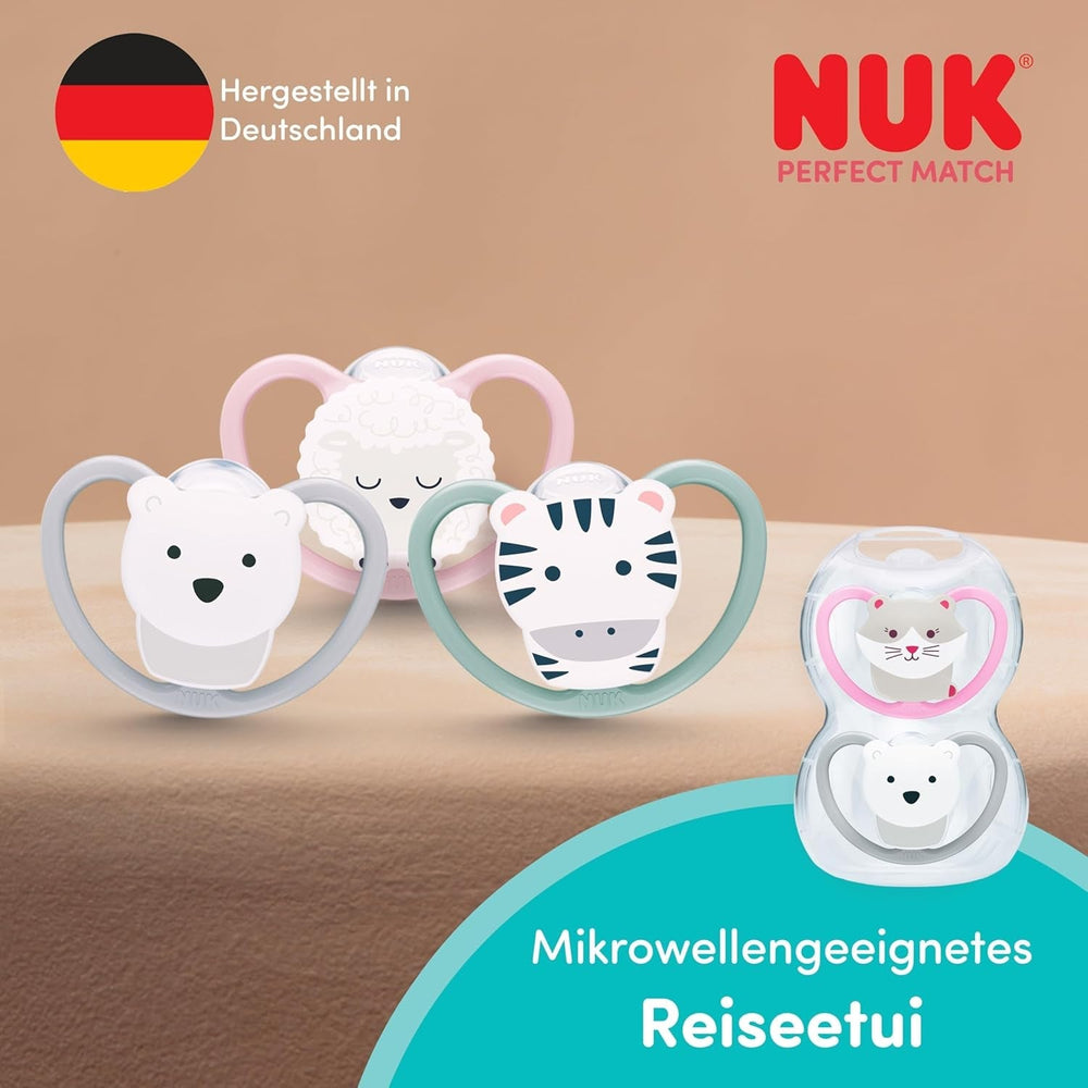 Suzete NUK Perfect Match Air Night pentru bebeluși | 0-6 luni | Suzete care strălucesc în întuneric, care promovează circulația aerului și previn salivarea | Acceptare 95% de către bebeluși** | Lion | Pachet de 2