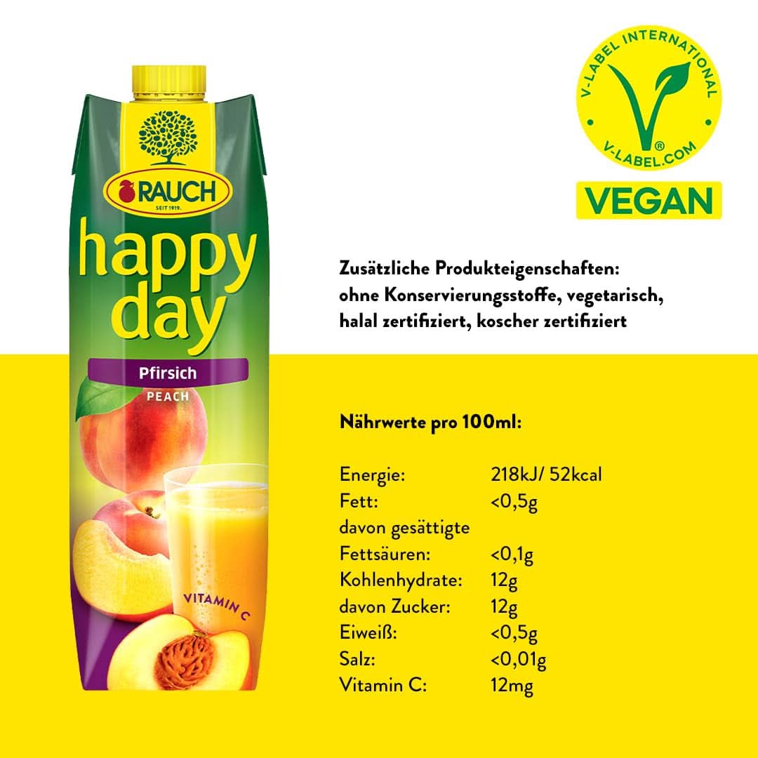 Rauch Happy Day Pfirsich | Aus sonnengereiften Früchten | 6 x 1 Liter, Tetra Prisma Alkoholfreie Getränke Naty Shop