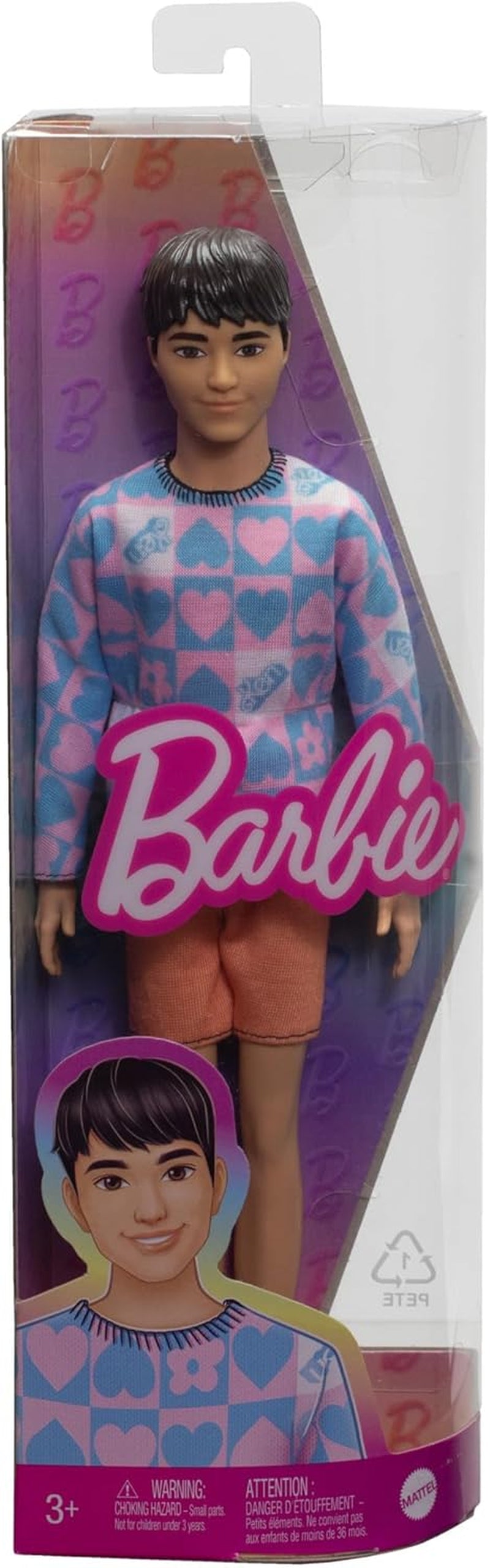 Barbie Fashionistas Ken Doll nr. 219 cu corp subțire și cămașă cu mânecă lungă cu model detașabil în roz și albastru și pantaloni scurți roz, HRH24 Papusi Naty Shop