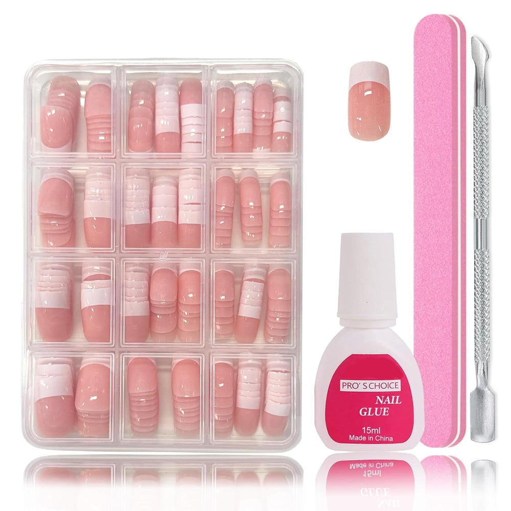 Set de vârfuri pentru unghii false - 240 de bucăți unghii false franțuzești pentru lipit - Unghii artificiale scurte, pătrate, pentru manichiură, pentru femei și bărbați (gradient scurt de sicriu)