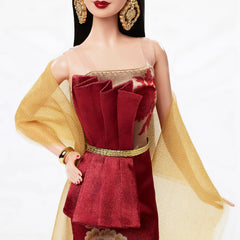 Păpușă Barbie Signature de Anul Nou Lunar în rochie roșie cu model de bujori aurii, jucărie de colecție, JJX83