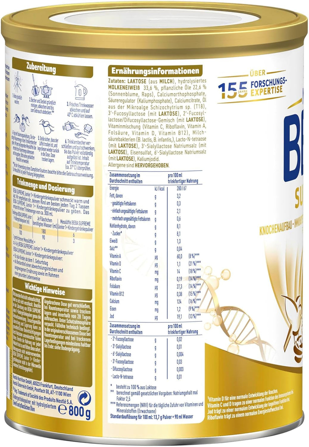 BEBA SUPREME JUNIOR 1 Plus - Băutură pentru copii de la 1 an, cu complex 6 HMO, fără lactoză, fără ulei de palmier, fără ulei de pește, hrană pentru copii mici, lapte praf pentru bebeluși, pachet de 6 (6 x 800g)