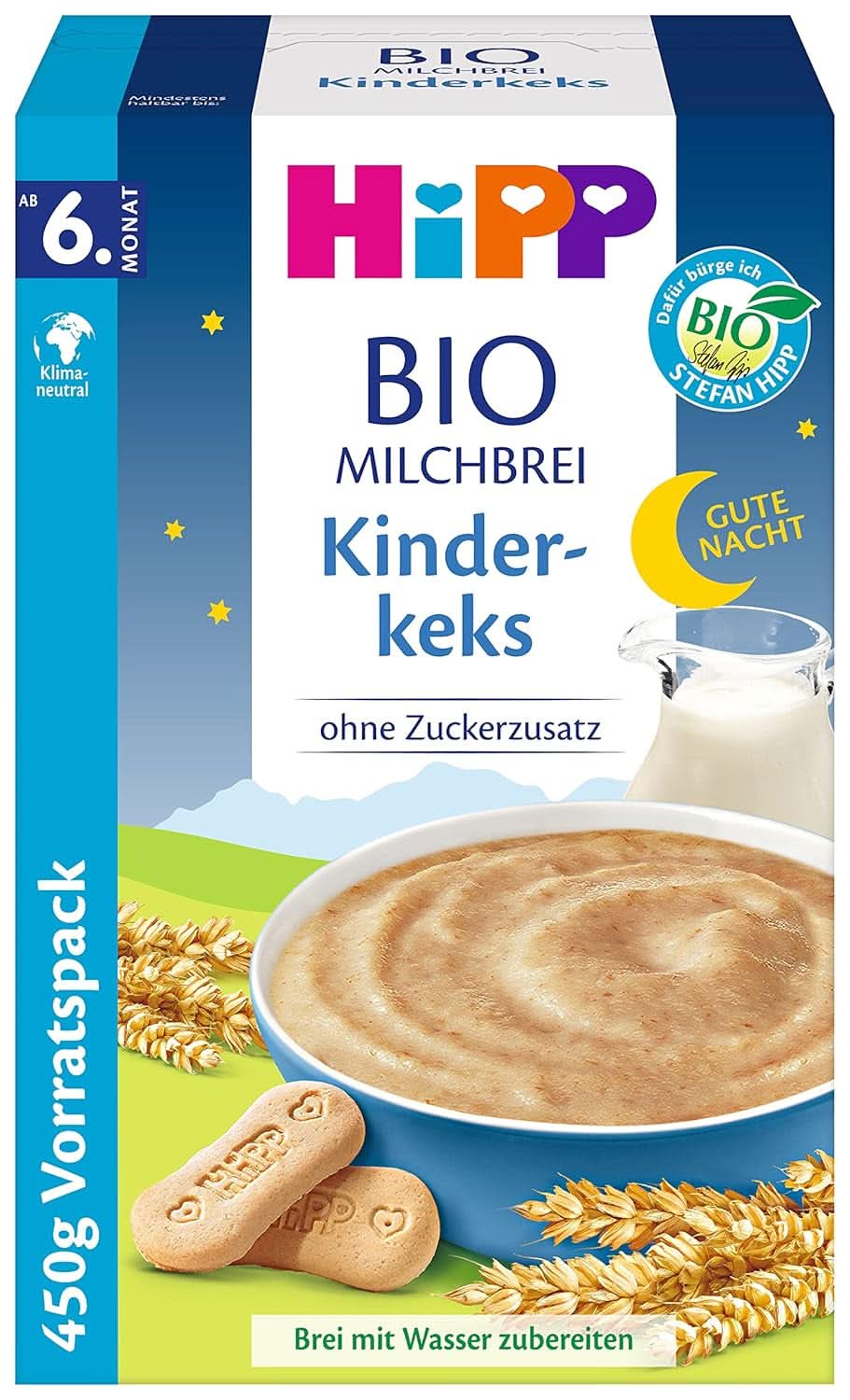 Hipp Bio-Milchbrei ohne Zuckerzusatz, Grieß und Banane, Vorratspackung (4X450 Gramm) Mutter und Kind Naty Shop 4 x 450 Gramm Kekse für Kinder