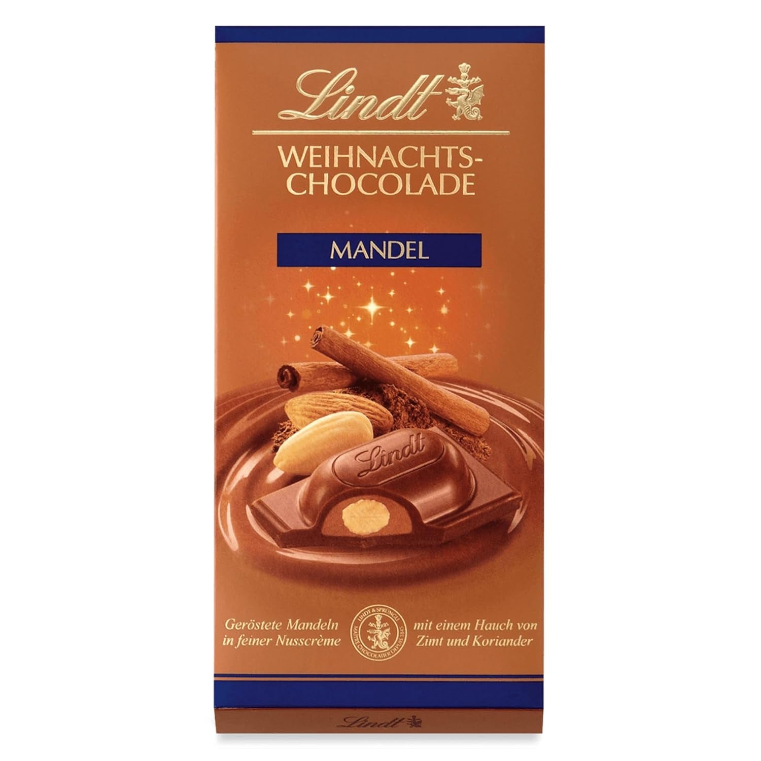 Baton de ciocolată Lindt cu migdale de Crăciun | 100 g | Migdale în cremă de nuci acoperite cu cea mai fină ciocolată cu lapte | Cadou de ciocolată de Crăciun